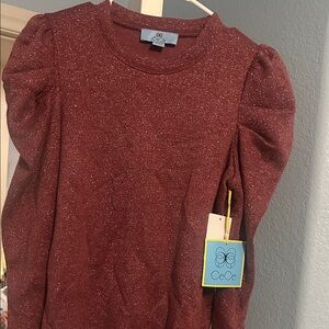 CeCe Sparkle Puff-Sleeve Sweater — Burgundy with Silver Shimmer
